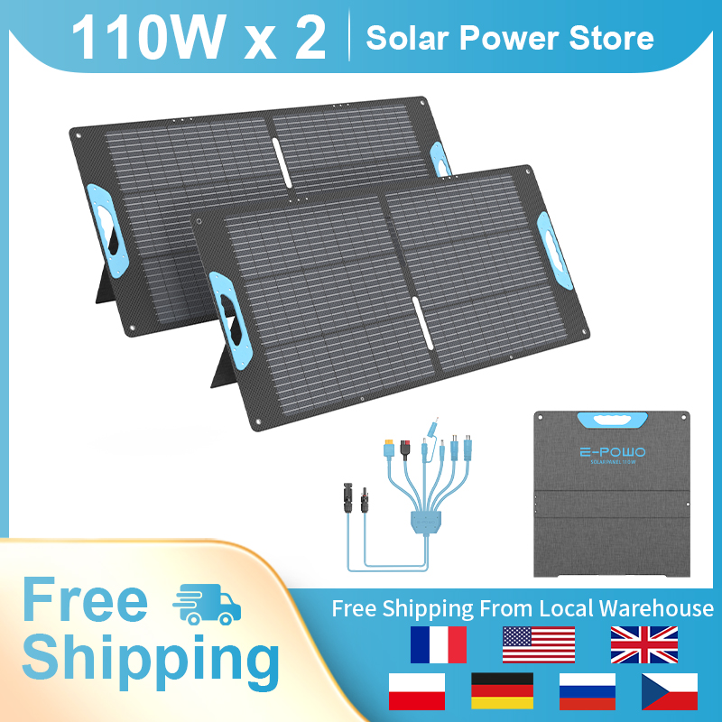 Solar Charger Panel Foldable - E-POWO 110W/220w ポータブルソーラーパネル、発電所用、23.5%高効率単結晶シリコン折りたたみ式ソーラーパネル充電器、USB-A＆Type-C出力、IP67防水、RV、アウトドアキャンプ、オフグリッド停電用、ブラック