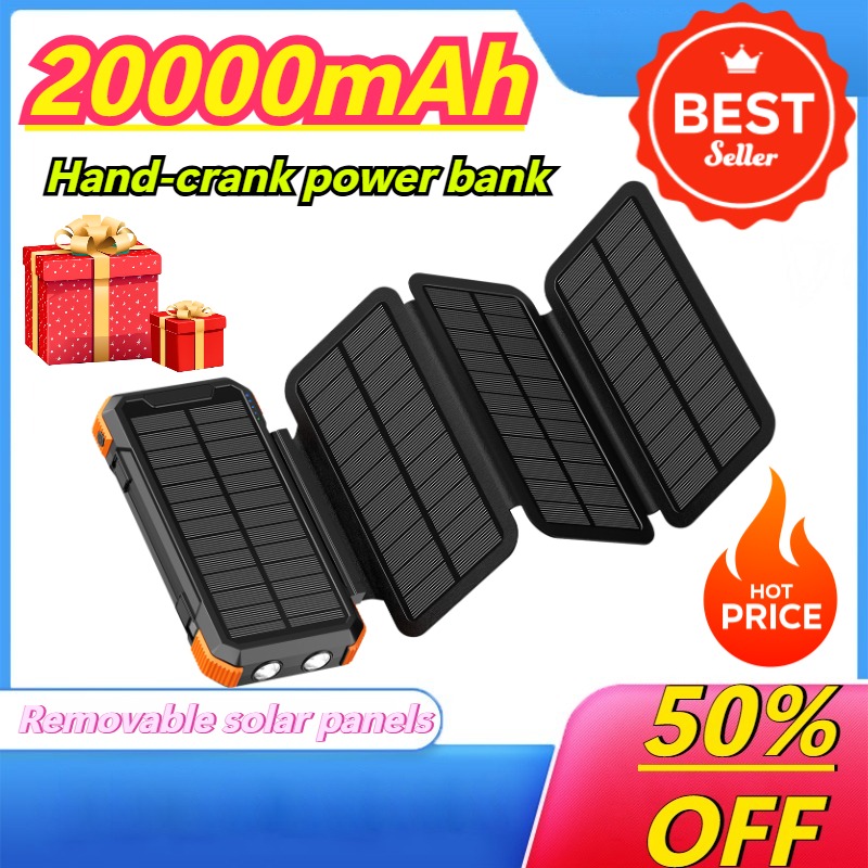 Solar Charger Panel Foldable - 取り外し可能折りたたみ式手回しソーラーパワーバンク 20000mAh ポータブル屋外緊急用パワーバンク LED懐中電灯 スマホ充電器